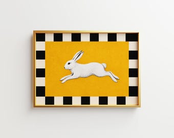 White Rabbit Digital Poster - 4 Color Options - Bunny Poster, Checkered Border Print, Colorful Animal Decor, Printable Rabbit Gift