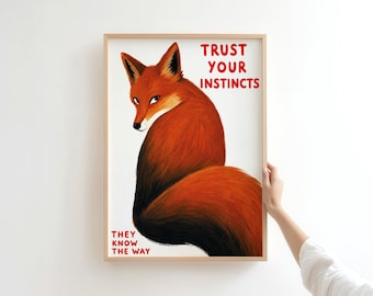 Trust Your Instincts Fox Print, Bold Red Typography, Woodland Animal Wall Art (Digital Download)