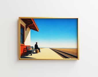 Mid-Century Train Station Poster – Desert Railway, Waiting Traveler Wall Art (Digital Download)