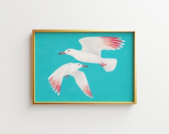 Two White Seagulls Poster – Minimalist Coastal Bird Art (Digital Download)