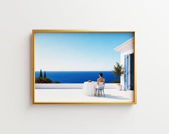 Mediterranean Terrace Wall Art, Coastal Printable Poster, Woman by the Sea Print, Blue Ocean View Decor, 5 Variants