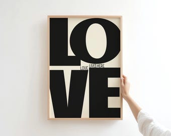 LOVE LIVES HERE Poster – Bold Black Typography, Minimalist Romantic Wall Art (Digital Download)