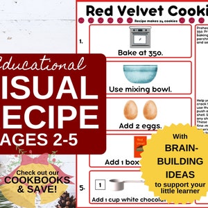 Cartão de receitas infantis de biscoito de veludo vermelho do livro de receitas infantis, presente de Natal de última hora, necessidades especiais para impressão visual, intervenção precoce