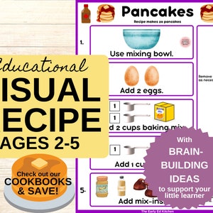 Scheda con ricette per pancake per bambini dal libro di cucina per bambini, regalo di Natale per bambini, stampabile visiva per bisogni speciali, attività di intervento precoce