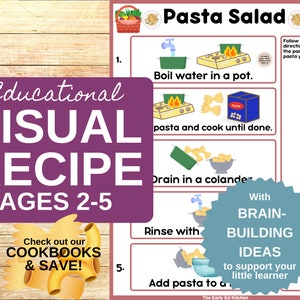 Cartão de receita de salada de macarrão para crianças do livro de receitas infantis, presente de Natal para crianças, necessidades especiais para impressão visual, atividade de intervenção precoce