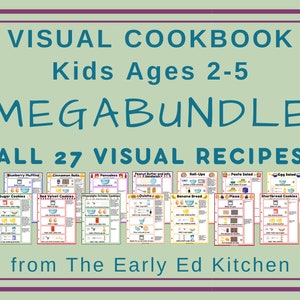 Peut inclure: Une image colorée avec le texte "VISUAL COOKBOOK Kids Ages 2-5 MEGABUNDLE ALL 27 VISUAL RECIPES" et une collection de 27 recettes visuelles pour enfants. Les recettes comprennent des muffins aux bleuets, des rouleaux à la cannelle, des crêpes, des sandwichs au beurre de cacahuète et à la gelée, des biscuits au sucre, des biscuits au velours rouge, des biscuits croustillants au chocolat, du pain à la banane, de la pizza, des biscuits sablés, et plus encore.