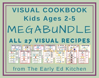 Könnte beinhalten: Ein farbenfrohes Bild mit dem Text "VISUAL COOKBOOK Kids Ages 2-5 MEGABUNDLE ALL 27 VISUAL RECIPES" und einer Sammlung von 27 visuellen Rezepten für Kinder. Die Rezepte umfassen Blaubeermuffins, Zimtschnecken, Pfannkuchen, Erdnussbutter- und Geleesandwiches, Zuckerkekse, Rotweinkuchen, Schokoladen-Krümelkekse, Bananenbrot, Pizza, Shortbread-Kekse und mehr.