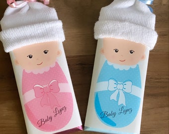 FULLY ASSEMBLED Baby Beanie Candy Bar Wrappers, Baby Shower personalized party favors, Gender Reveal, Baby Girl sock favor. Set of 20