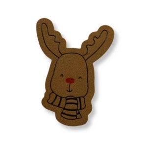 May include: A brown felt reindeer with a black and white striped scarf and a red nose.