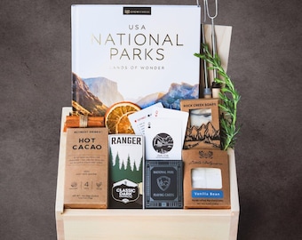 Personalized Camping Gift Box with S’mores, National Parks Playing Cards & Book in Engraved Wood Box – Cozy Blanket Option