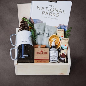 Personalized New Adventure Gift Box: Camp Mugs, Camping Essentials, National Parks Book & Hardwood Box - Cozy Blanket Option