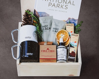 Personalized New Adventure Gift Box: Camp Mugs, Camping Essentials, National Parks Book & Hardwood Box - Cozy Blanket Option