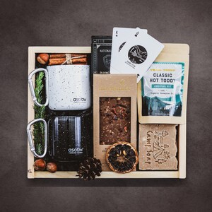 Personalized New Adventure Gift Box w\ Mugs, Camping Essentials, Cozy Blanket & Custom Engraved Wooden Box | Outdoor Gift Set For Couples