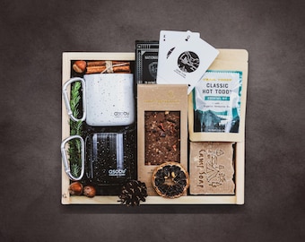 Personalized New Adventure Gift Box w\ Mugs, Camping Essentials, Cozy Blanket & Custom Engraved Wooden Box | Outdoor Gift Set For Couples