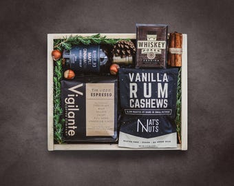 Personalized Coffee Gift Box – Engraved Wooden Box with Artisan Coffee Beans, Simple Syrup & Treats (Wool Blanket Option)