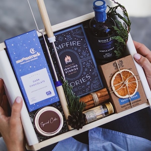 Luxury Campfire Gift Box – Personalized Engraved Wood Box with Artisan S’mores Kit, Campfire Stories & Cozy Blanket Option