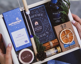 Luxury Campfire Gift Box – Personalized Engraved Wood Box with Artisan S’mores Kit, Campfire Stories & Cozy Blanket Option