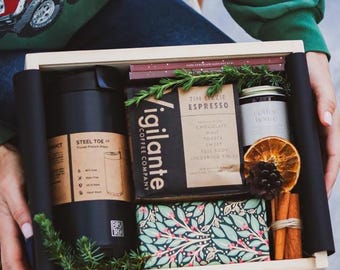 Coffee Lover Gift | Personalized Coffee Gift Set w/ French Press, Beans in Engraved Wooden Box | Corporate Gift | Client Thank You