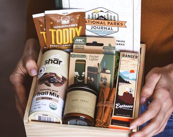 Personalized Camping Gift Box w/National Parks Journal & Custom Engraved Wood Box | Cozy Cabin Gift | Outdoor Gift Box | Cabin Getaway Gift