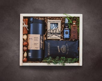 Personalized Coffee Gift Box: French Press, Handroasted Coffee Beans, Artisan Soap & Pre-shave Oil with Engraved Wooden Box