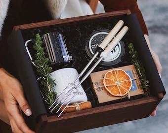 Personalized Luxury Campfire Gift Box w\ Cozy Wool Blanket - New Adventure Gift | Engagement Gift For Couples | S'mores Gift Set