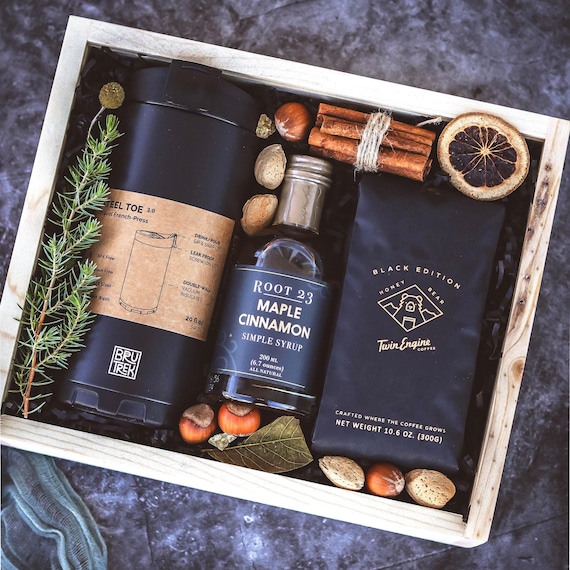 Personalized Coffee Gift Set | Coffee Lover Gift w/ French Press, Artisan Beans & Engraved Wooden Box | Corporate Gift | Client Thank You