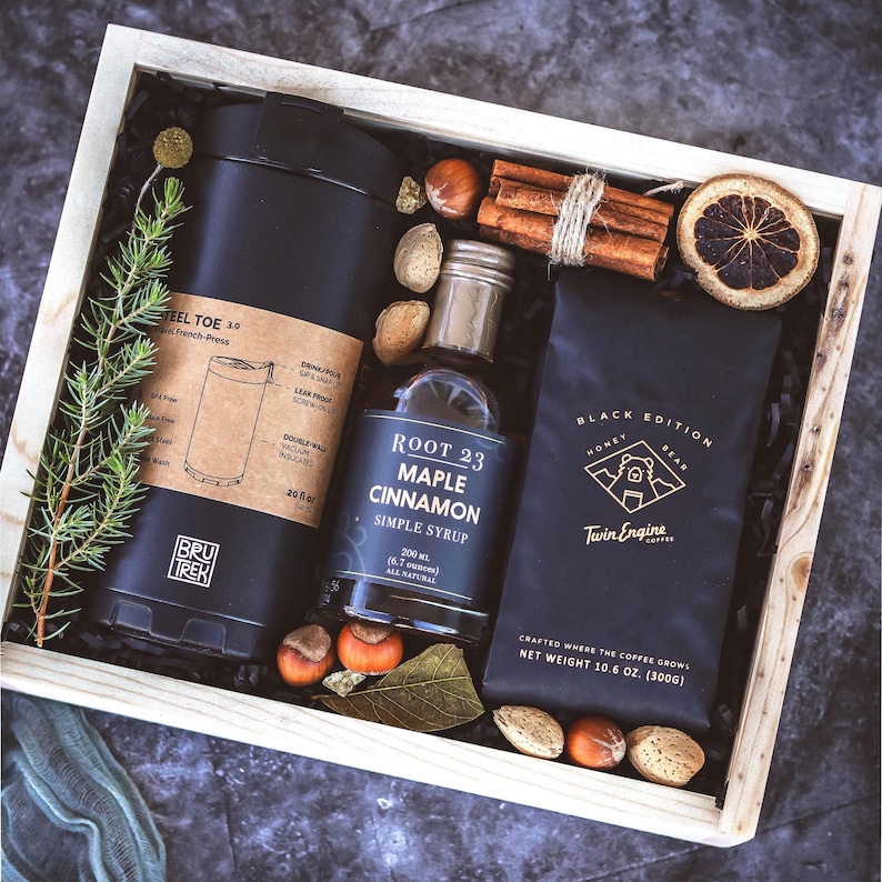 Personalized Coffee Gift Set | Coffee Lover Gift w/ French Press, Artisan Beans & Engraved Wooden Box | Corporate Gift | Client Thank You image 1
