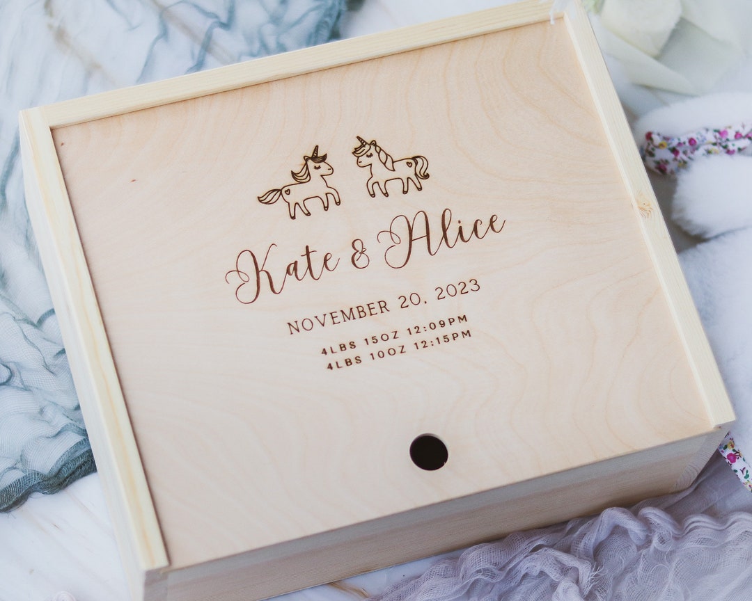Personalized Twin Girls Memory Box | Engraved Pine Wood Baby Keepsake ...