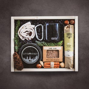 Personalized Outdoor Gift Box w/ Camping Essentials, Cozy Blanket & Custom Engraved Wooden Box | New Adventure Gift Set | Retirement Gift image 1