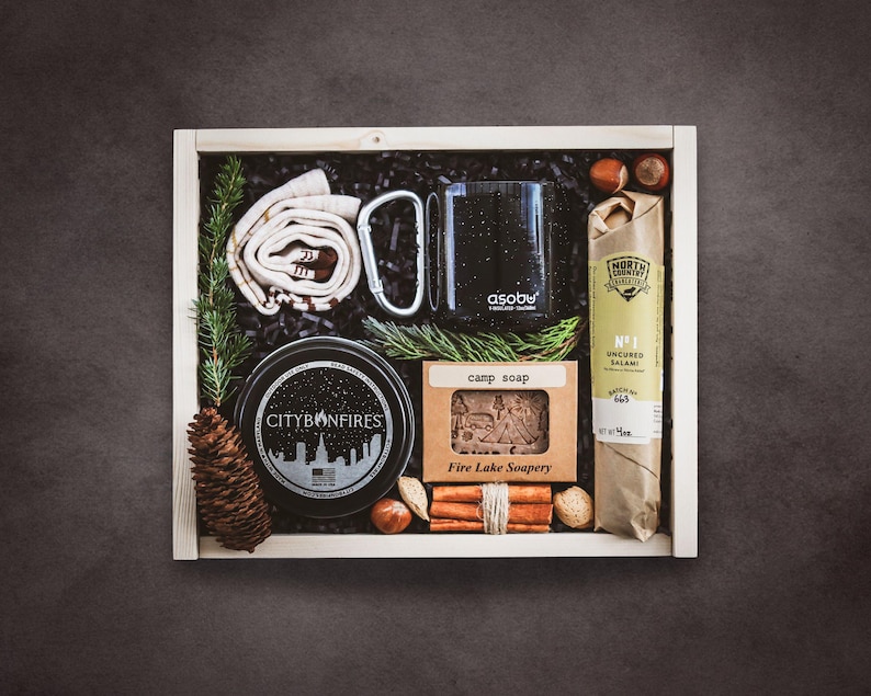 Personalized Outdoor Gift Box w/ Camping Essentials, Cozy Blanket & Custom Engraved Wooden Box | New Adventure Gift Set | Retirement Gift image 1