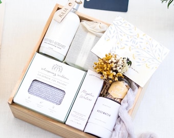 Luxury Personalized Self Care Gift Box – Lavender Eye Pillow, Artisan Sap Essentials, Candle & Custom Engraved Wood Box