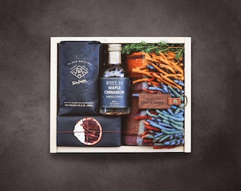 Luxury Gift Box with Tartan Wool Blanket – Coffee & Artisan Treats in a Personalized Engraved Wood Box | Thank You Appreciation Gift
