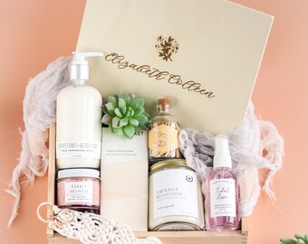 Personalized Luxury Spa Gift: Handmade Lotion & Scrub, Facial Spray, Artisan Candle with Matches and Custom Engraved Wood Box