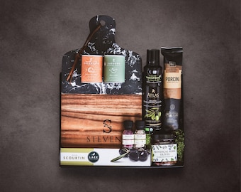 Luxury Charcuterie Thank You Gift – Artisan Snacks & Custom Engraved Marble Cutting Board in Handmade Wooded Box | Housewarming Gift