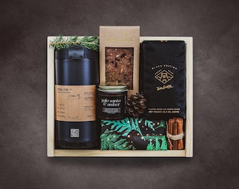 Personalized Coffee Gift Set w\ French Press, Hand-Roasted Beans & Artisan Treats in Engraved Wooden Box | Client Thank You | Corporate Gift