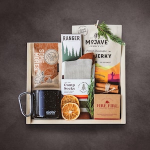 Personalized Camping Gift Box w\ Hiking Essentials & Custom Engraved Wood Box | Outdoor Gift For Him | New Adventure Gift Box