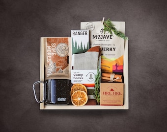 Personalized Camping Gift Box w\ Hiking Essentials & Custom Engraved Wood Box | Outdoor Gift For Him | New Adventure Gift Box