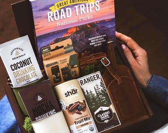 Personalized New Adventure Gift Box: Camping Essentials & Engraved Walnut Wood Box | Road Trip Gift | Hiking Gift Set | National Parks Gift