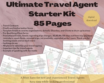 May include: A digital download kit for travel agents with 85 pages of templates, forms, and tips. The kit includes email templates, client forms, and marketing materials. The kit is designed to help travel agents save time and look professional.