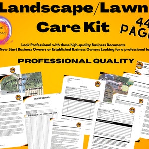 Kit de cuidado del césped paisajístico, propuestas, facturas, correos electrónicos, cartas, folletos, tarjetas, formulario de registro del cliente, contrato de paisajismo, contrato de cuidado del césped