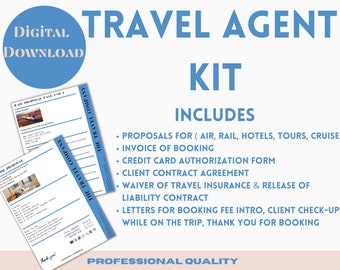 May include: A digital download travel agent kit with a blue and white design. The kit includes proposals, invoices, authorization forms, client agreements, and travel insurance waivers. The text "Digital Download" is in a blue circle.