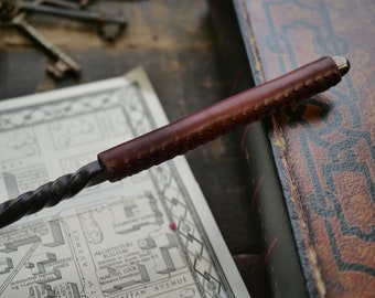 Hand Forged Metal Wand with Stitched Leather Handle