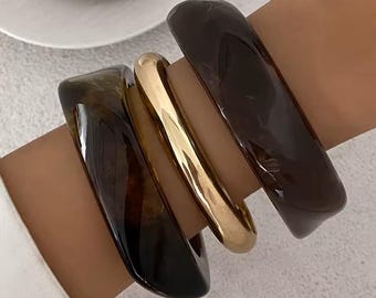 Vintage Style Brown Resin Bangle Set | Punk Geometric Statement Bracelets