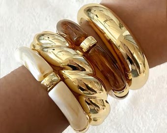 Vintage Brown Resin and Elastic Gold Accent Bangles, Minimalist Stackable Bracelets for Women