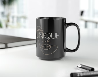 Unique - Abstract Face Black Mug, 15oz, large mug gift, birthday gift, beyonce gift, gift for her, fall mug