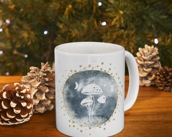 White Mushroom Moon Ceramic Mug 11oz