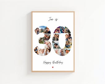 May include: A framed print with the text "Joe is 30" and "Happy Birthday." The number 30 is composed of multiple small photos. A small red heart is below the birthday message. The frame is a light brown colour.