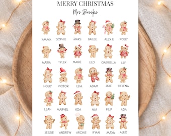May include: A white rectangular print featuring the text MERRY CHRISTMAS, Mrs Brooks, and LOVE FROM YOUR YEAR 2 CLASS. The design includes a grid of thirty watercolor gingerbread figures, each labeled with a name such as Amaya, Sophie, and Maks.