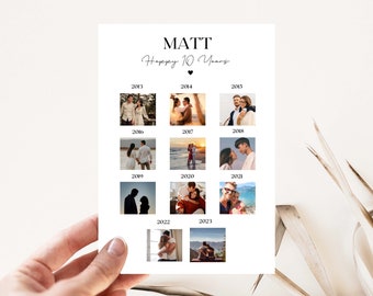 Personalised 10th anniversary photo collage card, Couples anniversary photo card, Valentines 10 years greeting card, Collection of photos