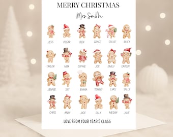 以下が含まれることがあります： 「Merry Christmas Mrs Smith」のメッセージと、それぞれ名前が書かれたジンジャーブレッドマンのイラストが描かれたクリスマスカード。「Love from your Year 5 Class」と署名されています。